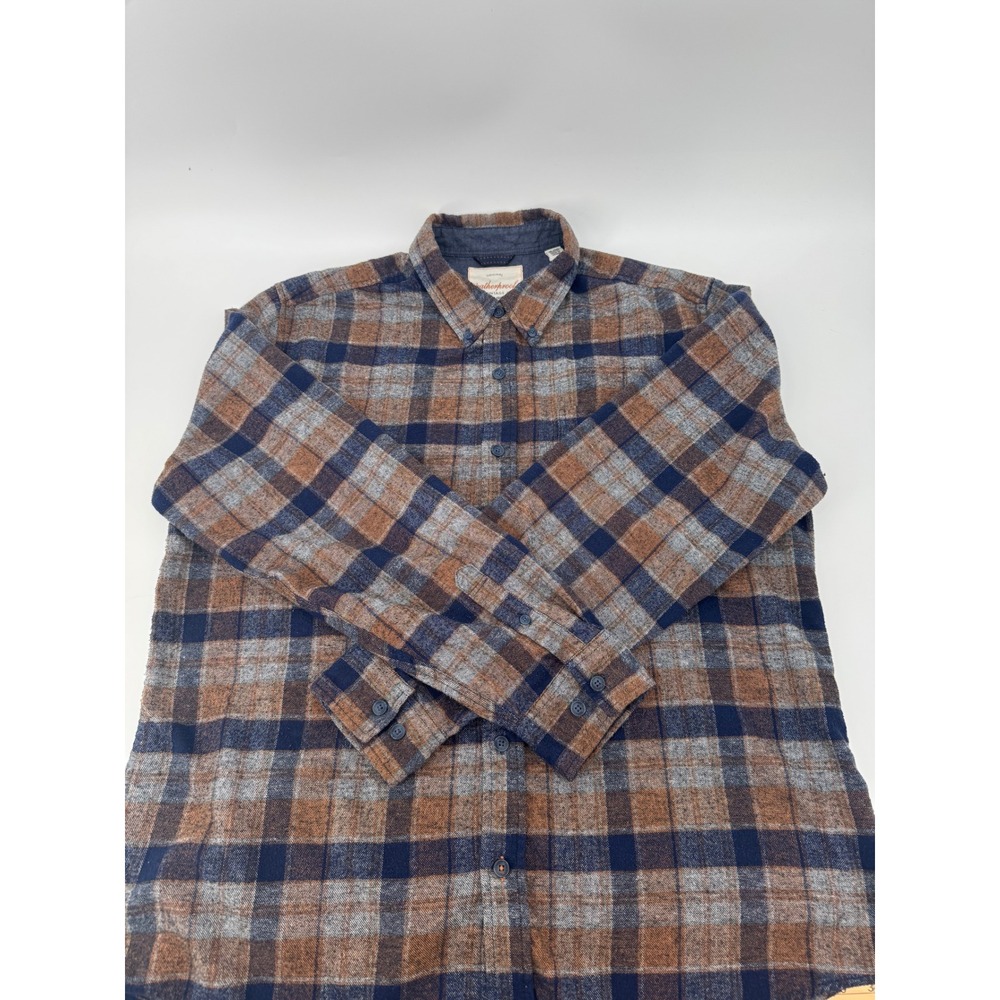 Weatherproof Vintage Mens Plaid Flannel Shirt Brown Navy Blue XL Button Down